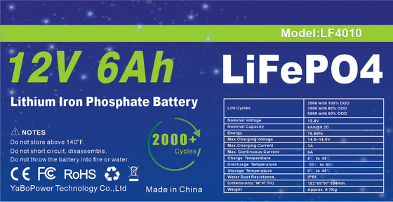 똑똑한 BMS 12v 6ah Lifepo4 배터리 팩 딥 사이클 2000 사이클